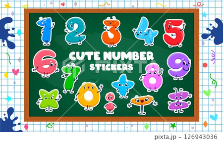Math number cartoon characters stickers with funny faces for mathematics, vector set. Kids cartoon math characters on chalkboard for school counting and arithmetic and numerals study education 126943036