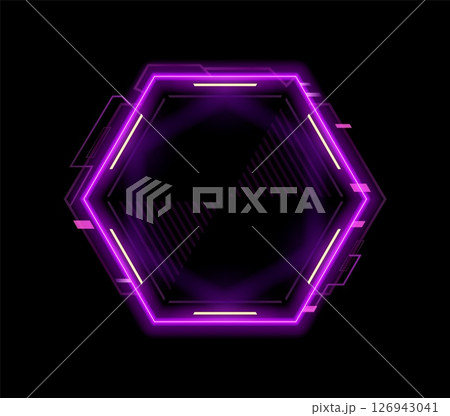 Neon frame for game, HUD interface overlay and asset for digital UI, vector template. Neon frame for future tech game GUI asset or HUD interface of digital screen or dashboard control panel display Neon frame for game, HUD interface overlay and asset for digital UI, vector template. Neon frame for future tech game GUI asset or HUD interface of digital screen or dashboard control panel display 126943041