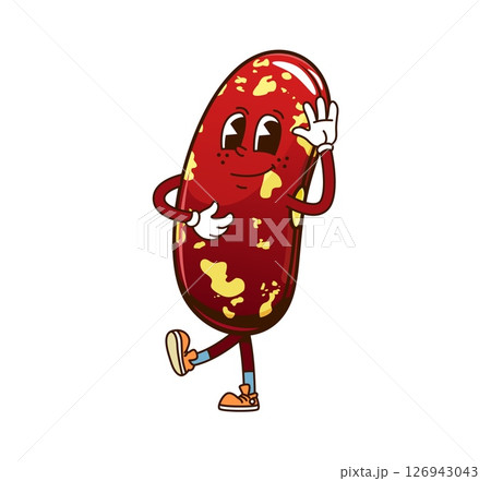 Cartoon funny groovy kidney bean legume character with funny face, vector emoji. Groovy red bean or kidney legume seed with happy smile and Hello Hi gesture for food funky cute cartoon character Cartoon funny groovy kidney bean legume character with funny face, vector emoji. Groovy red bean or kidney legume seed with happy smile and Hello Hi gesture for food funky cute cartoon character 126943043
