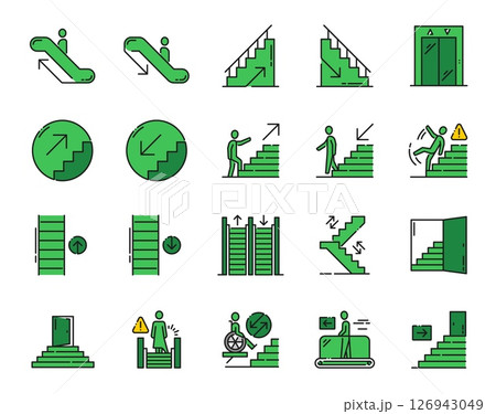 Stairs, escalator and elevator emergency exit color line icons. Evacuation emergency exit and direction outline vector icons. Elevator for disabled, escalator and slippery stairs green pictograms Stairs, escalator and elevator emergency exit color line icons. Evacuation emergency exit and direction outline vector icons. Elevator for disabled, escalator and slippery stairs green pictograms 126943049