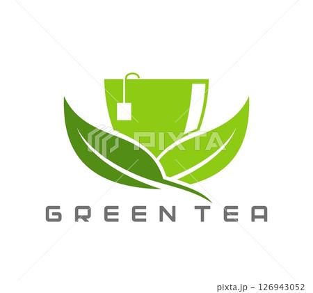 Green herbal tea icon featuring tea cup with green leaves and teabag tag. Vector emblem for classic hot beverage ads, product packaging or brand identity, promoting freshness, health and natural drink Green herbal tea icon featuring tea cup with green leaves and teabag tag. Vector emblem for classic hot beverage ads, product packaging or brand identity, promoting freshness, health and natural drink 126943052