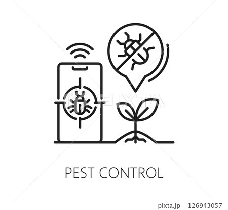 Smart farm icon, agriculture robot technology for pest control, vector line symbol. Smart farm icon of pest control for farmer harvest plants, agronomy and agrarian farming with digital automation Smart farm icon, agriculture robot technology for pest control, vector line symbol. Smart farm icon of pest control for farmer harvest plants, agronomy and agrarian farming with digital automation 126943057
