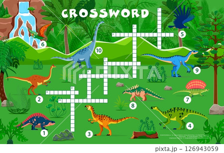 Crossword quiz game grid, cartoon prehistoric dinosaurs. Crossword puzzle vector worksheet with lotosaurus, pelecanimimus, scutellosaurus and maiasaura, argentavis, tapejara dinosaurs characters Crossword quiz game grid, cartoon prehistoric dinosaurs. Crossword puzzle vector worksheet with lotosaurus, pelecanimimus, scutellosaurus and maiasaura, argentavis, tapejara dinosaurs characters 126943059