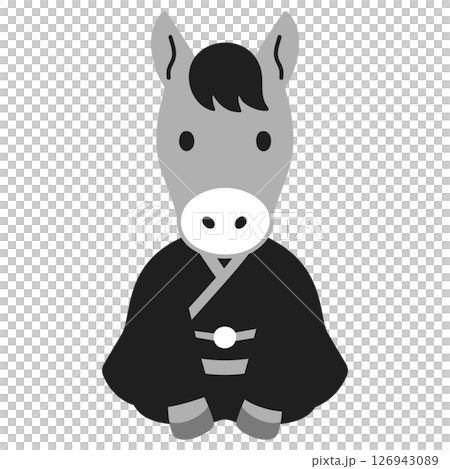 午の年賀状素材用アイコンイラスト（袴姿）モノクロ 126943089