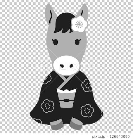 午の年賀状素材用アイコンイラスト（着物姿・女性）モノクロ 126943090