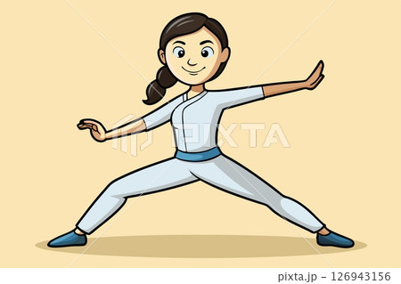 Young girl in gray doing sports stretching, warm up exercises 126943156
