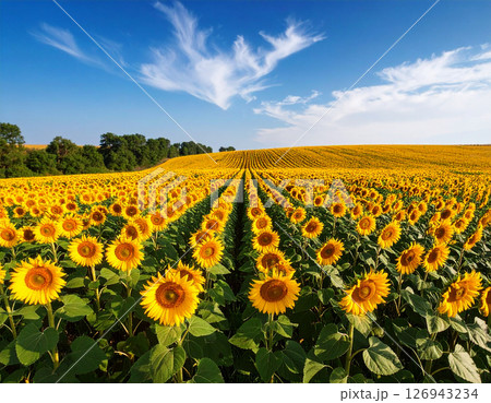 夏の風景イメージ、大きな青空とひまわりの花 126943234