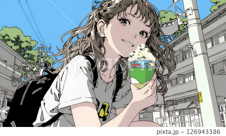 夏空の下でかき氷をたべる若い女性