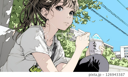 夏空の下でかき氷をたべる若い女性