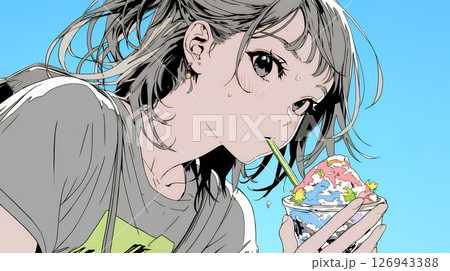 夏空の下でかき氷をたべる若い女性