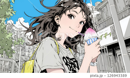 夏空の下でかき氷をたべる若い女性