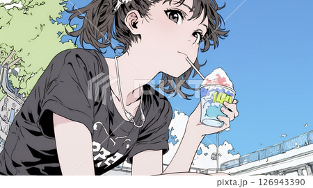 夏空の下でかき氷をたべる若い女性