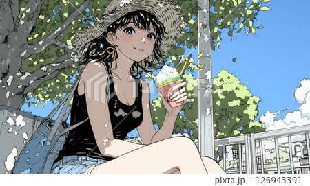 夏空の下でかき氷をたべる若い女性