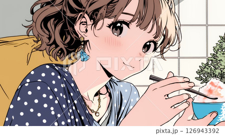 夏空の下でかき氷をたべる若い女性