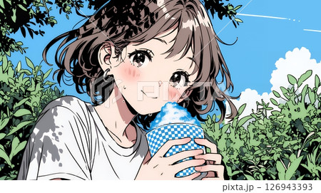 夏空の下でかき氷をたべる若い女性