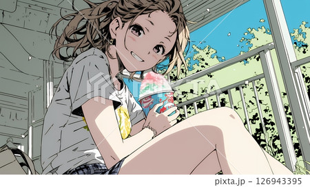 夏空の下でかき氷をたべる若い女性