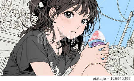 夏空の下でかき氷をたべる若い女性