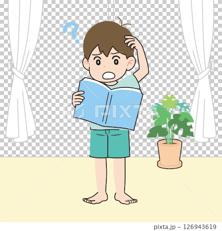 Boy reading aloud from a textbook in the living room - I don't like it Boy reading aloud from a textbook in the living room - I don't like it 126943619