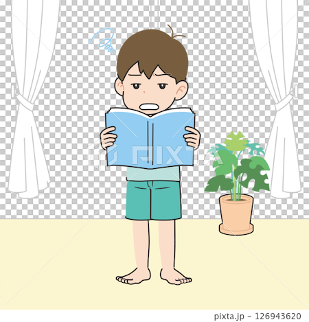 居間でいやいや教科書を音読する男の子 居間でいやいや教科書を音読する男の子 126943620