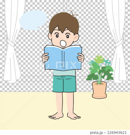 A boy reading a textbook aloud in the living room 126943621