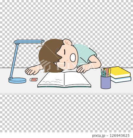 勉強しながら居眠りする男の子　机 126943625