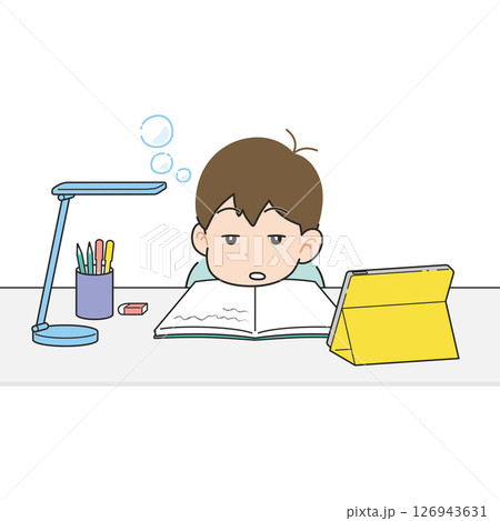 机でタブレットを見ながら勉強する男の子 眠い 机でタブレットを見ながら勉強する男の子 眠い 126943631