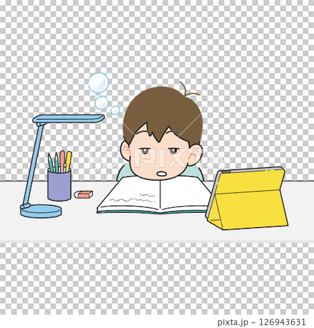 机でタブレットを見ながら勉強する男の子 眠い 机でタブレットを見ながら勉強する男の子 眠い 126943631