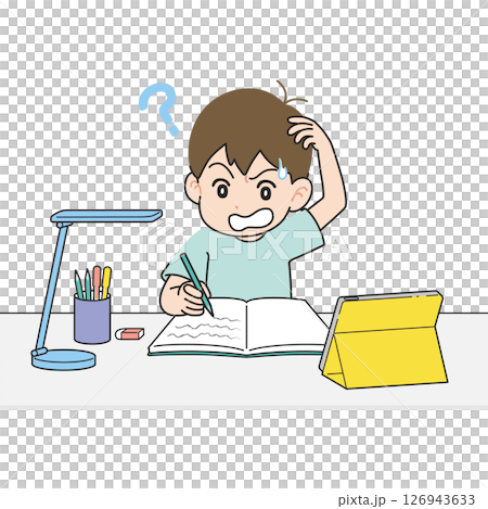 A boy studying at a desk while looking at a tablet I don't understand A boy studying at a desk while looking at a tablet I don't understand 126943633