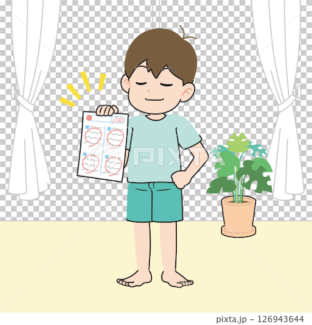 満点のテストを自慢する男の子　居間 126943644