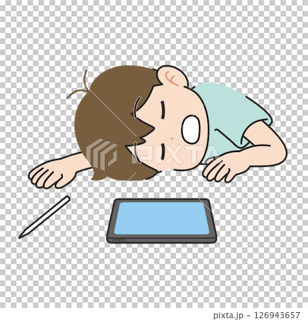 Boy falling asleep while studying on tablet 126943657