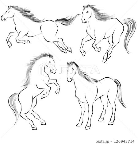 午年 筆で描いた馬のイラストセット 水墨画のイラスト素材 [126943714
