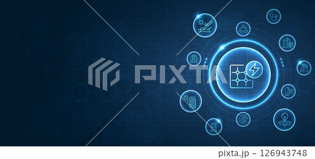Solar panel array for clean energy, global solar energy network, clean technology icons, and renewable power innovation on digital world map background. vector design. 126943748