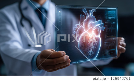 A doctor holds a glowing heart holographic in their hands. The concept of advanced medical technology, cardiology innovation, and digital healthcare solutions. Generative AI. 126943761