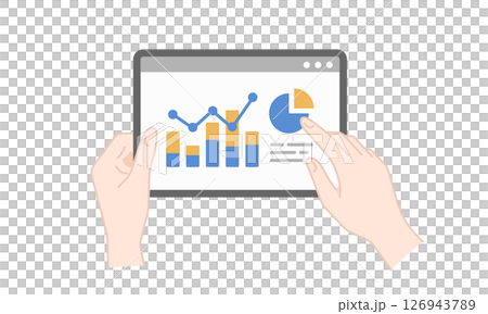 Vector illustration of manipulating graph data materials displayed on a landscape tablet device 126943789