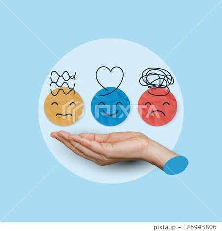 Medical concepts. hand holding paper cut circle symbol face smile, happy, relax, satisfaction survey, positive, good, wellness, health child, hospital, world mental health day concept. Medical concepts. hand holding paper cut circle symbol face smile, happy, relax, satisfaction survey, positive, good, wellness, health child, hospital, world mental health day concept. 126943806