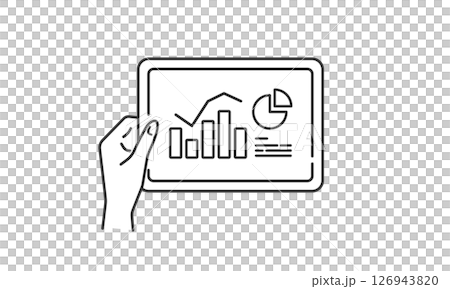 タブレットに表示されたグラフデータの線画イラスト (ベクター・モノクロ) 126943820
