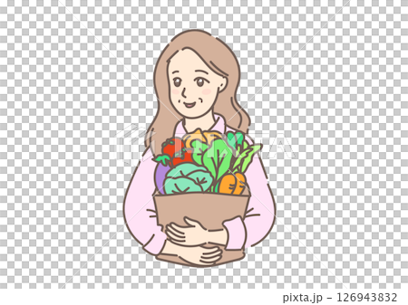 たくさんの新鮮な野菜を抱えて歩く、買い物帰りの素敵な初老の主婦（白背景） 126943832