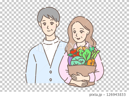 たくさんの新鮮な野菜を抱えて歩く、買い物帰りの素敵な初老の夫婦（白背景） 126943833