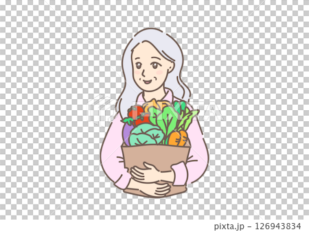 たくさんの新鮮な野菜を抱えて歩く、買い物帰りの素敵なグレイヘアの初老の女性（白背景） 126943834