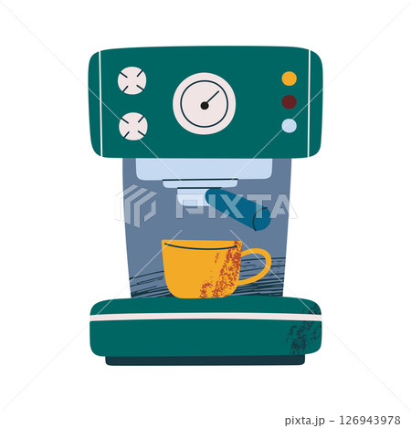 Flat cartoon vector illustration of retro espresso machine with textures and coffee cup. Home brewing sticker, vintage kitchen appliance, cozy cafe, morning routine, hot beverage preparation icon 126943978