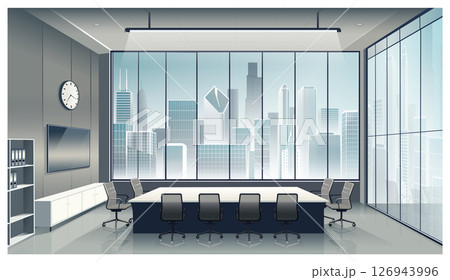 Office meeting room interior in high-rise building with big window overlooking big city 126943996