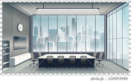Office meeting room interior in high-rise building with big window overlooking big city 126943996