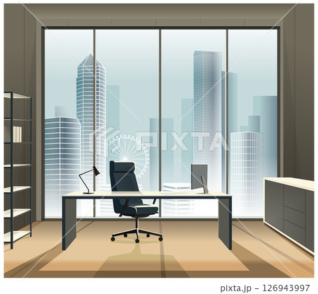 Office room in high-rise building with big window overlooking big city 126943997