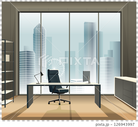Office room in high-rise building with big window overlooking big city 126943997