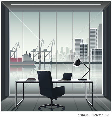 Office room with big window overlooking port and city skyline Office room with big window overlooking port and city skyline 126943998
