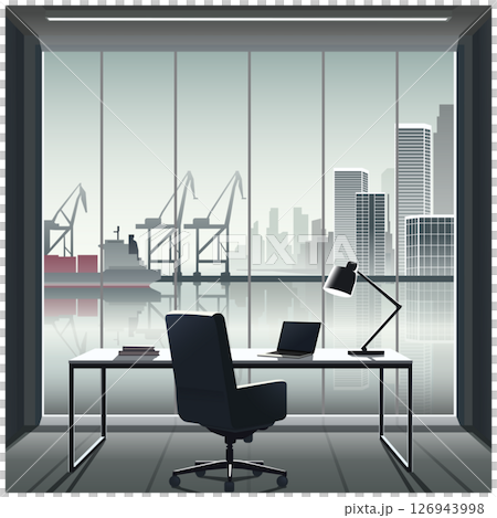 Office room with big window overlooking port and city skyline Office room with big window overlooking port and city skyline 126943998