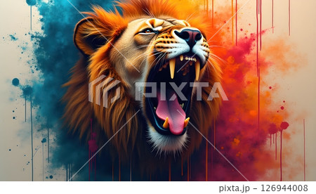 a close up of a lion with a colorful mane on background a close up of a lion with a colorful mane on background 126944008