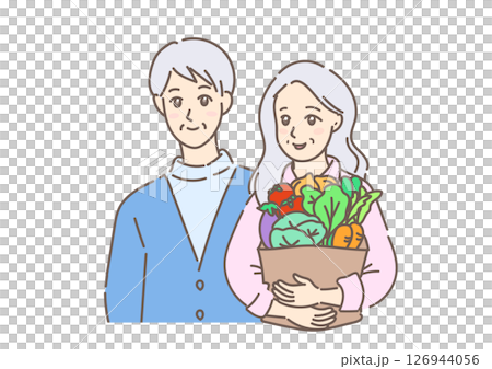 たくさんの新鮮な野菜を抱えて歩く、買い物帰りの素敵なグレイヘアの初老の夫婦（背景なし）	 126944056