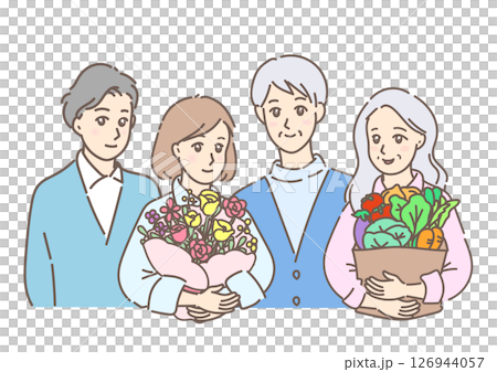 新鮮な野菜など食材を抱えて歩く、買い物帰りの素敵なグレイヘアの初老の夫婦と、娘や息子たち家族。 新鮮な野菜など食材を抱えて歩く、買い物帰りの素敵なグレイヘアの初老の夫婦と、娘や息子たち家族。 126944057
