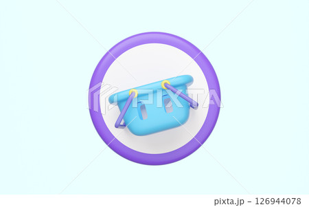 Empty basket with circle isolated on blue background. shopping in supermarket concept, cartoon style. 3d illustration render Empty basket with circle isolated on blue background. shopping in supermarket concept, cartoon style. 3d illustration render 126944078